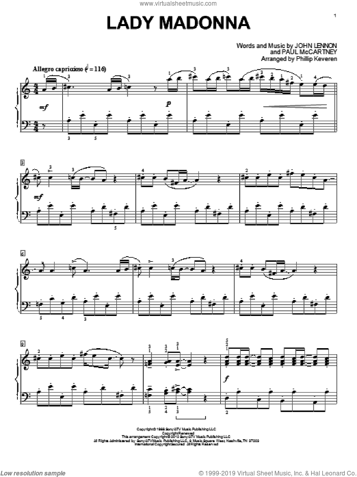 Lady Madonna [Classical version] (arr. Phillip Keveren) sheet music for piano solo by The Beatles, John Lennon, Paul McCartney and Phillip Keveren, intermediate skill level