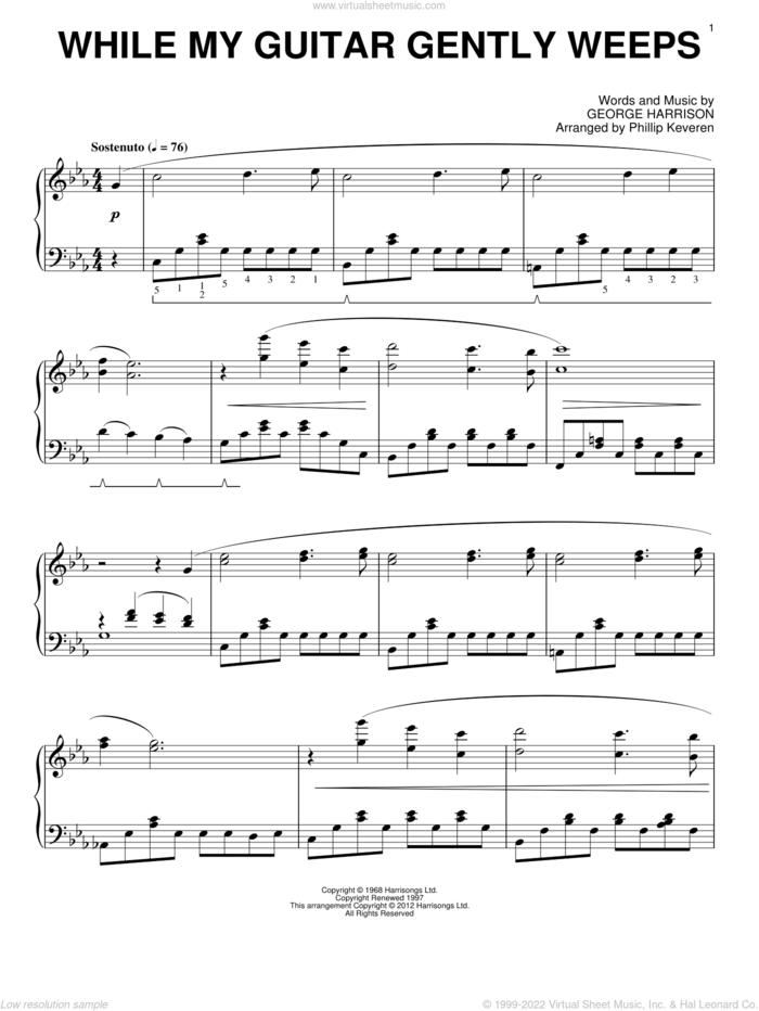 While My Guitar Gently Weeps [Classical version] (arr. Phillip Keveren) sheet music for piano solo by The Beatles, George Harrison and Phillip Keveren, intermediate skill level