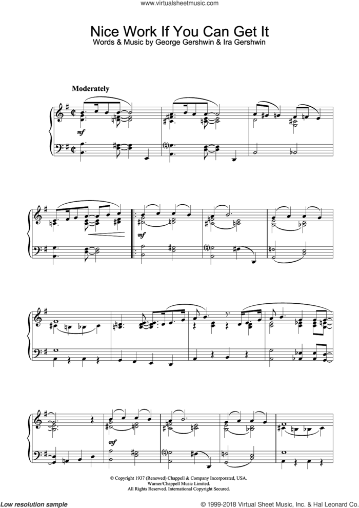 Nice Work If You Can Get It, (intermediate) sheet music for piano solo by George Gershwin and Ira Gershwin, intermediate skill level
