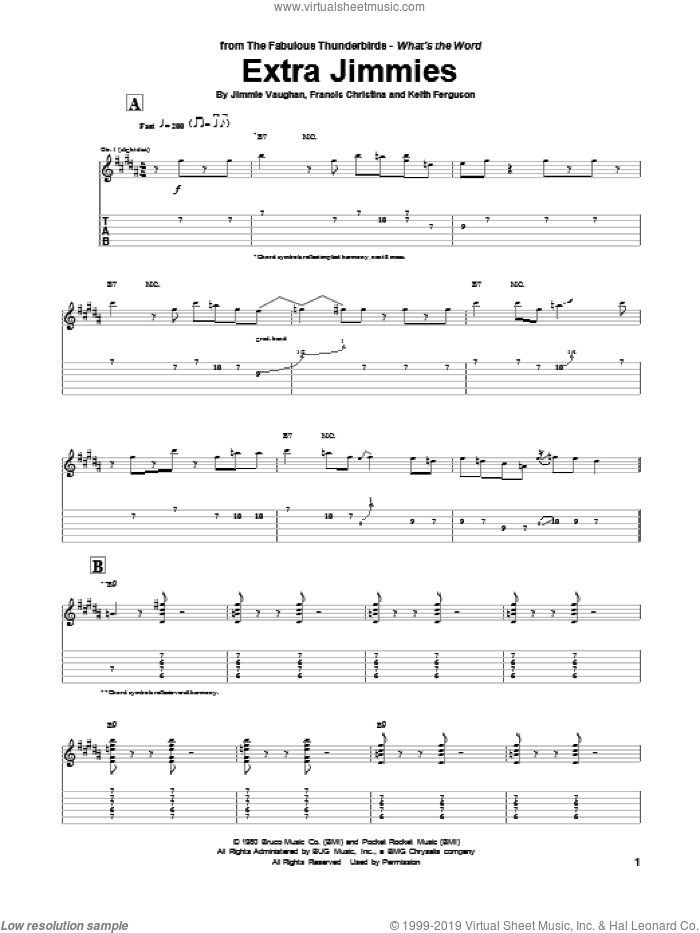 Extra Jimmies sheet music for guitar (tablature) by The Fabulous Thunderbirds and Jimmie Vaughan, intermediate skill level