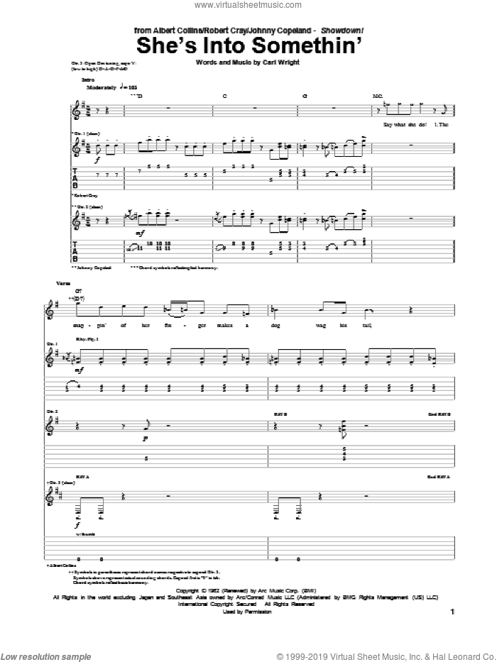 She's Into Something sheet music for guitar (tablature) by Albert Collins and Robert Cray & Johnny Copeland, Albert Collins, Carl Wright, Johnny Copeland and Robert Cray, intermediate skill level