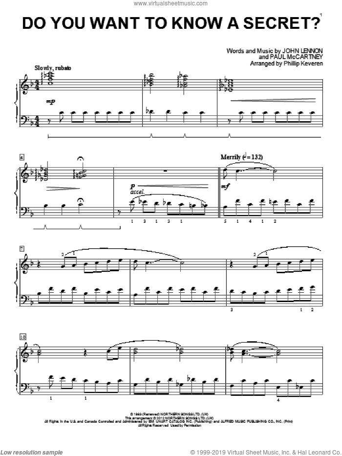 Do You Want To Know A Secret? [Classical version] (arr. Phillip Keveren) sheet music for piano solo by The Beatles, John Lennon, Paul McCartney and Phillip Keveren, intermediate skill level