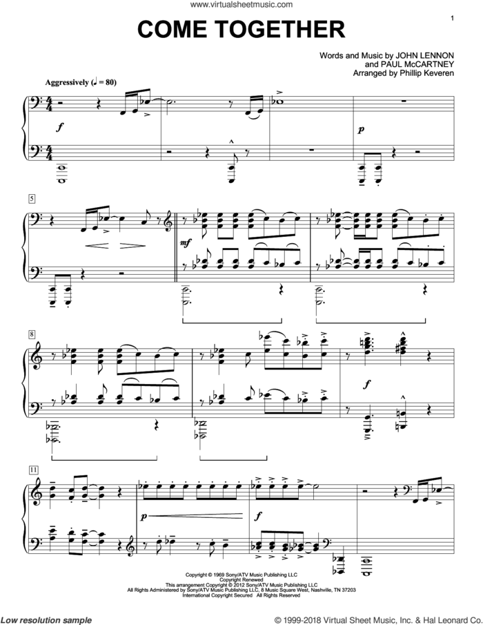 Come Together [Classical version] (arr. Phillip Keveren) sheet music for piano solo by The Beatles, John Lennon, Paul McCartney and Phillip Keveren, intermediate skill level