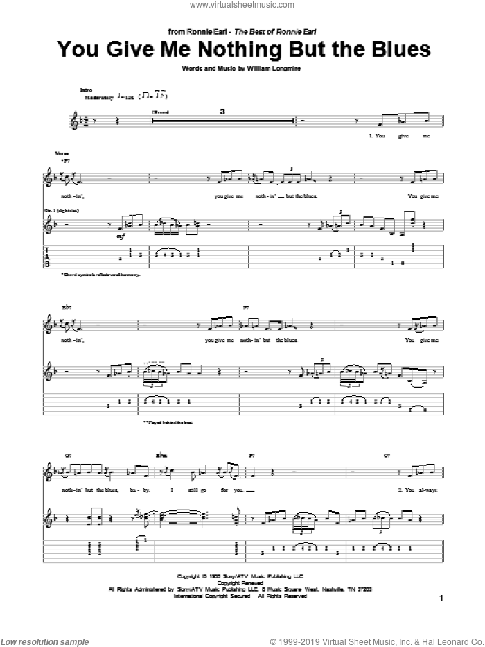 You Give Me Nothing But The Blues sheet music for guitar (tablature) by Ronnie Earl and William Longmire, intermediate skill level