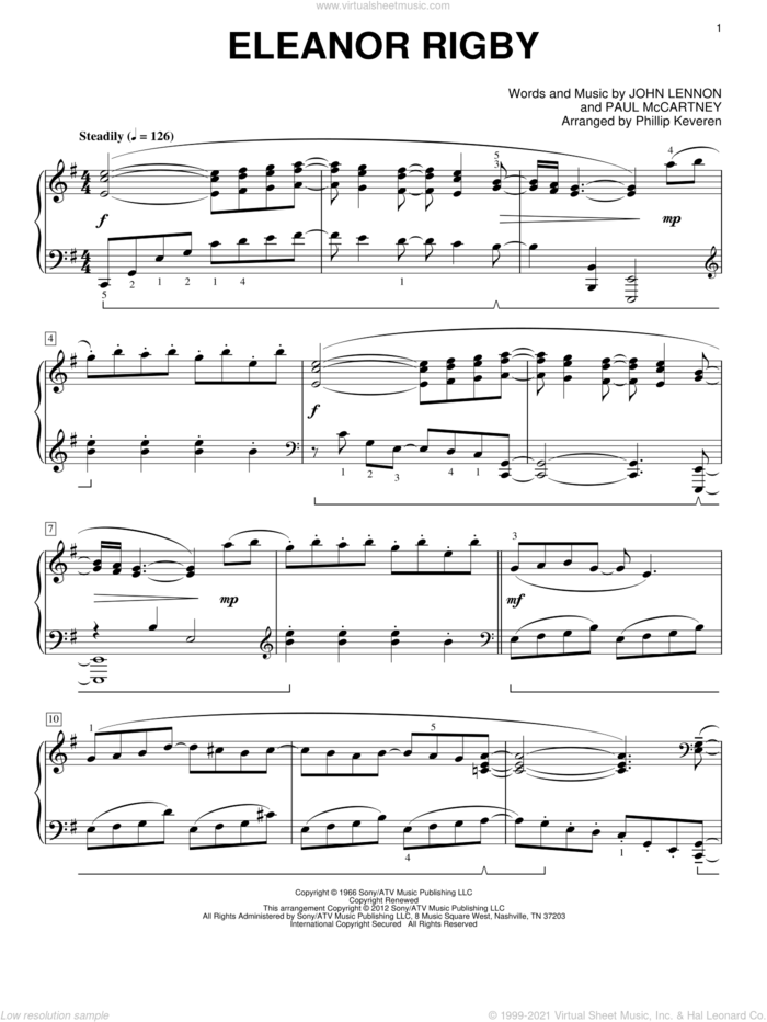 Eleanor Rigby [Classical version] (arr. Phillip Keveren) sheet music for piano solo by The Beatles, John Lennon, Paul McCartney and Phillip Keveren, intermediate skill level