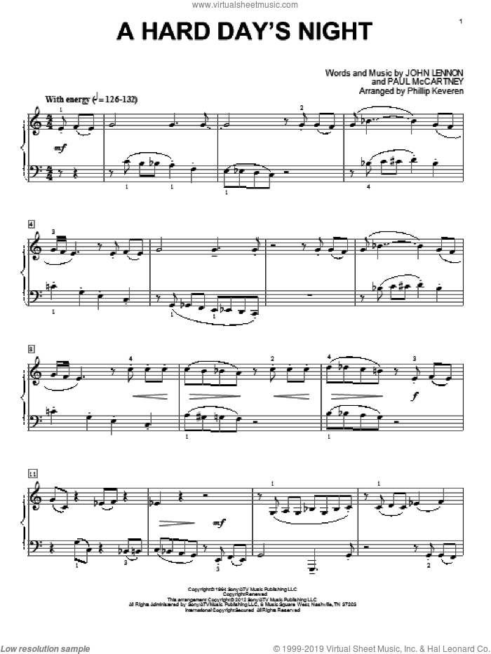 A Hard Day's Night [Classical version] (arr. Phillip Keveren) sheet music for piano solo by The Beatles, John Lennon, Paul McCartney and Phillip Keveren, intermediate skill level