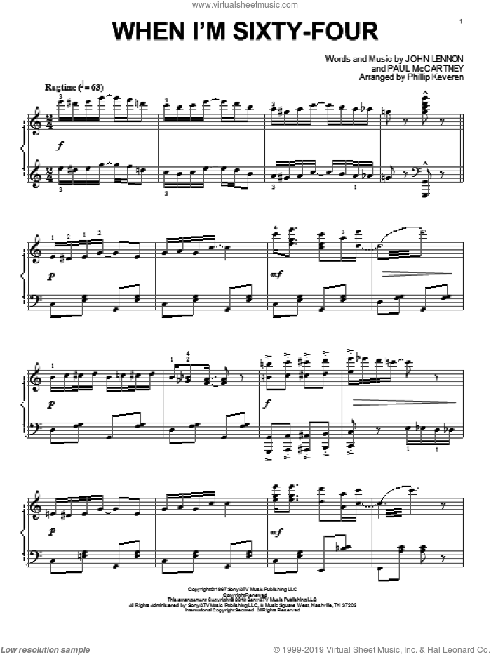 When I'm Sixty-Four [Classical version] (arr. Phillip Keveren) sheet music for piano solo by The Beatles, John Lennon, Paul McCartney and Phillip Keveren, intermediate skill level