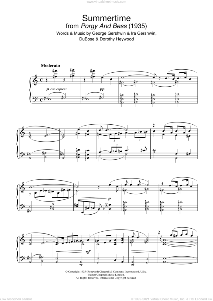 Summertime (from Porgy And Bess) sheet music for piano solo by George Gershwin, Dorothy Heyward, DuBose Heyward and Ira Gershwin, intermediate skill level