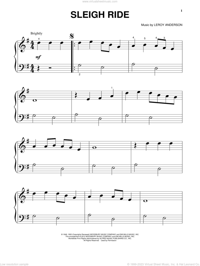 Sleigh Ride sheet music for piano solo by Leroy Anderson and Mitchell Parish, beginner skill level