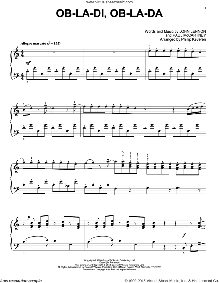 Ob-La-Di, Ob-La-Da [Classical version] (arr. Phillip Keveren) sheet music for piano solo by The Beatles, John Lennon, Paul McCartney and Phillip Keveren, intermediate skill level