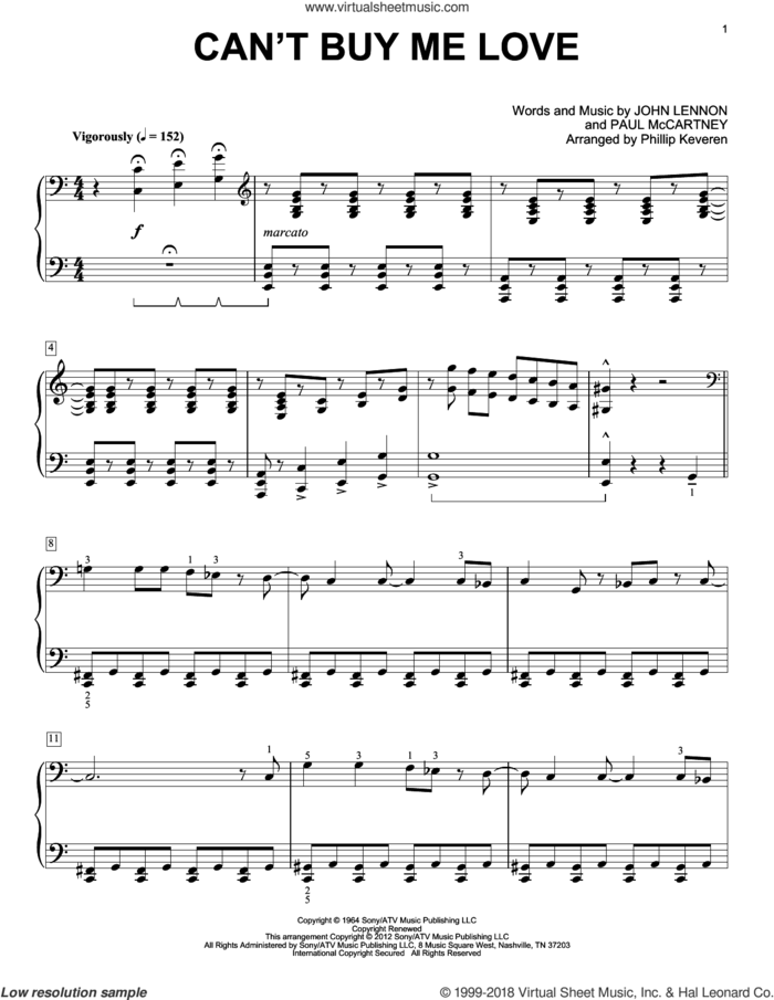 Can't Buy Me Love [Classical version] (arr. Phillip Keveren) sheet music for piano solo by The Beatles, John Lennon, Paul McCartney and Phillip Keveren, intermediate skill level