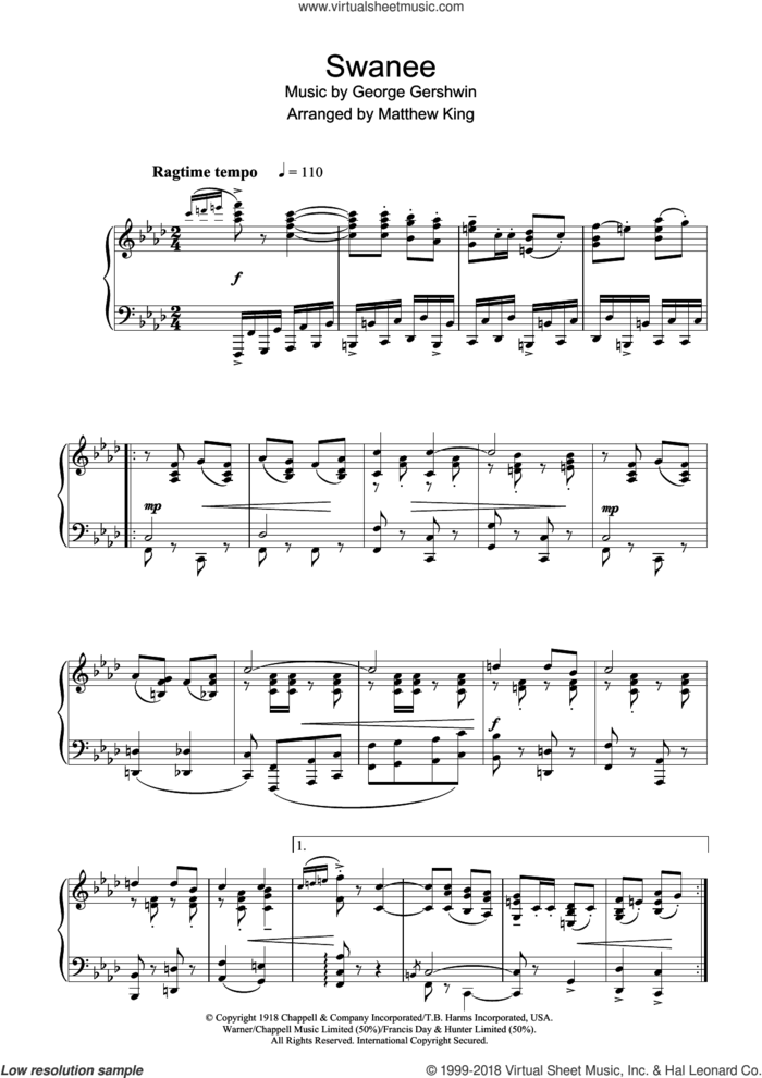 Swanee sheet music for piano solo by George Gershwin and Irving Caesar, intermediate skill level