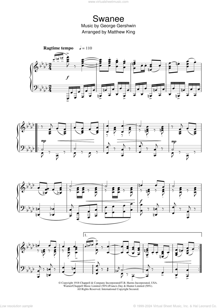 Swanee, (intermediate) sheet music for piano solo by George Gershwin and Irving Caesar, intermediate skill level