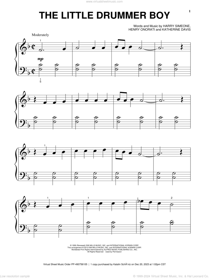 The Little Drummer Boy sheet music for piano solo, beginner skill level