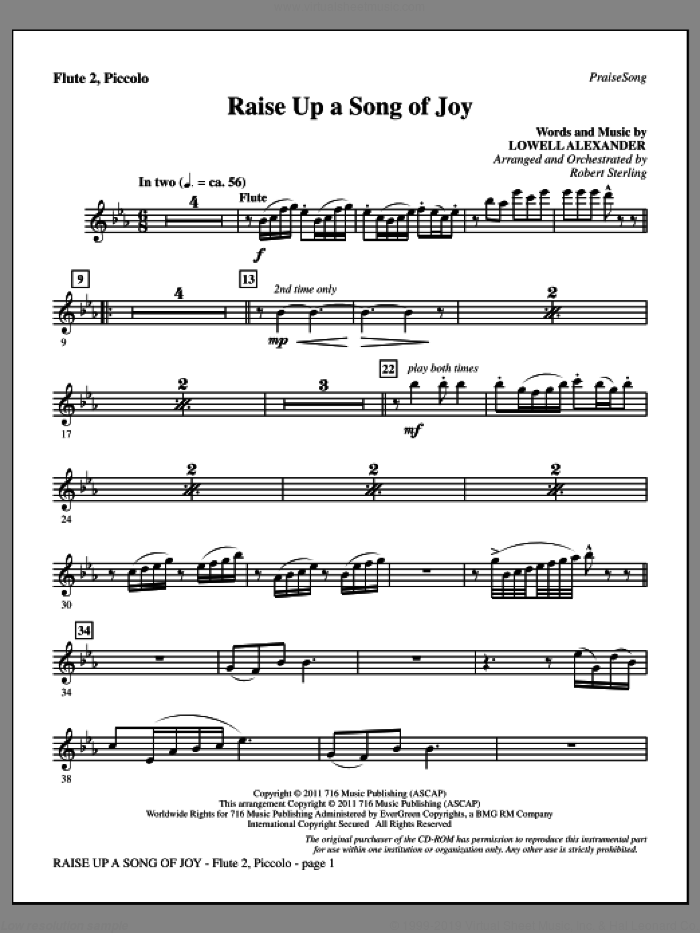 Raise Up A Song Of Joy sheet music for orchestra/band (flute 2, piccolo) by Lowell Alexander and Robert Sterling, intermediate skill level