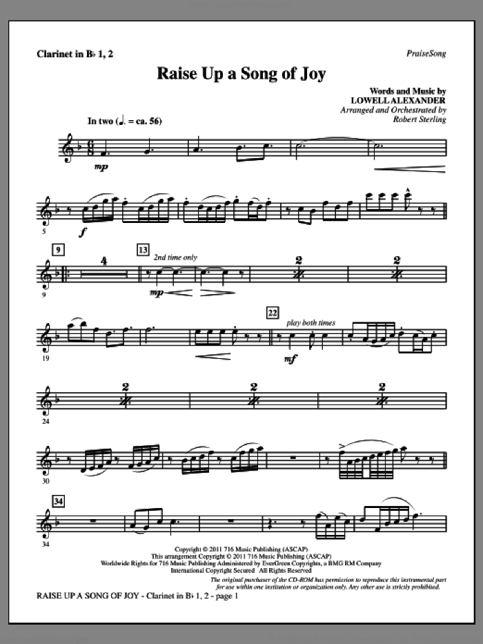 Raise Up A Song Of Joy sheet music for orchestra/band (clarinet 1 and 2) by Lowell Alexander and Robert Sterling, intermediate skill level