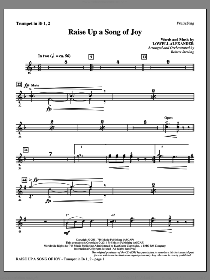 Raise Up A Song Of Joy sheet music for orchestra/band (Bb trumpet 1,2) by Lowell Alexander and Robert Sterling, intermediate skill level