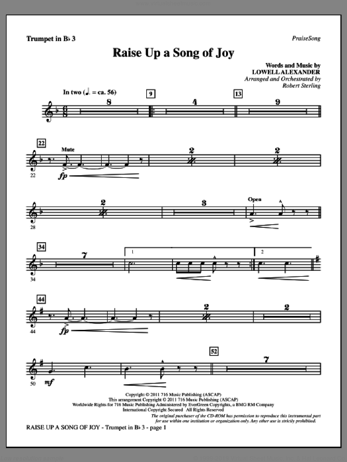 Raise Up A Song Of Joy sheet music for orchestra/band (Bb trumpet 3) by Lowell Alexander and Robert Sterling, intermediate skill level