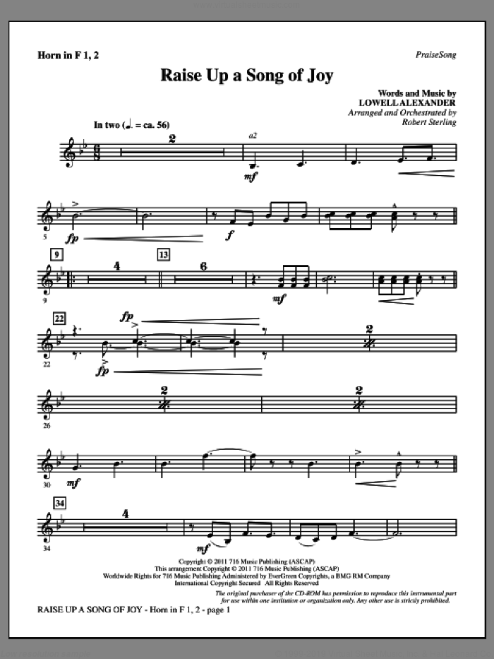 Raise Up A Song Of Joy sheet music for orchestra/band (f horn 1,2) by Lowell Alexander and Robert Sterling, intermediate skill level