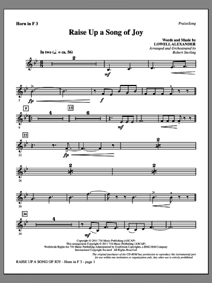 Raise Up A Song Of Joy sheet music for orchestra/band (f horn 3) by Lowell Alexander and Robert Sterling, intermediate skill level