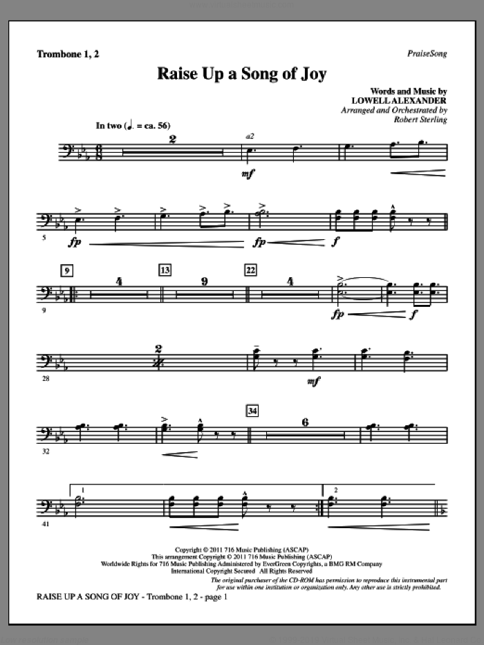 Raise Up A Song Of Joy sheet music for orchestra/band (trombone 1 and 2) by Lowell Alexander and Robert Sterling, intermediate skill level