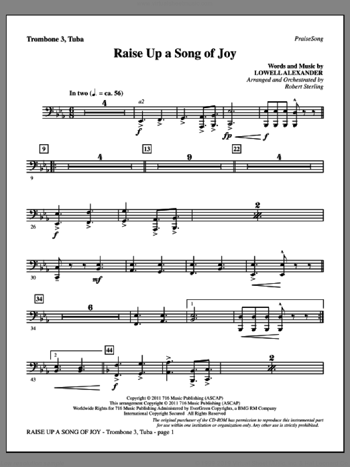 Raise Up A Song Of Joy sheet music for orchestra/band (trombone 3/tuba) by Lowell Alexander and Robert Sterling, intermediate skill level