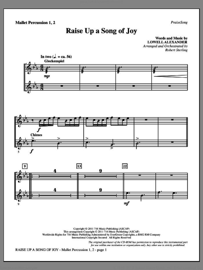 Raise Up A Song Of Joy sheet music for orchestra/band (mallet percussion 1 and 2) by Lowell Alexander and Robert Sterling, intermediate skill level