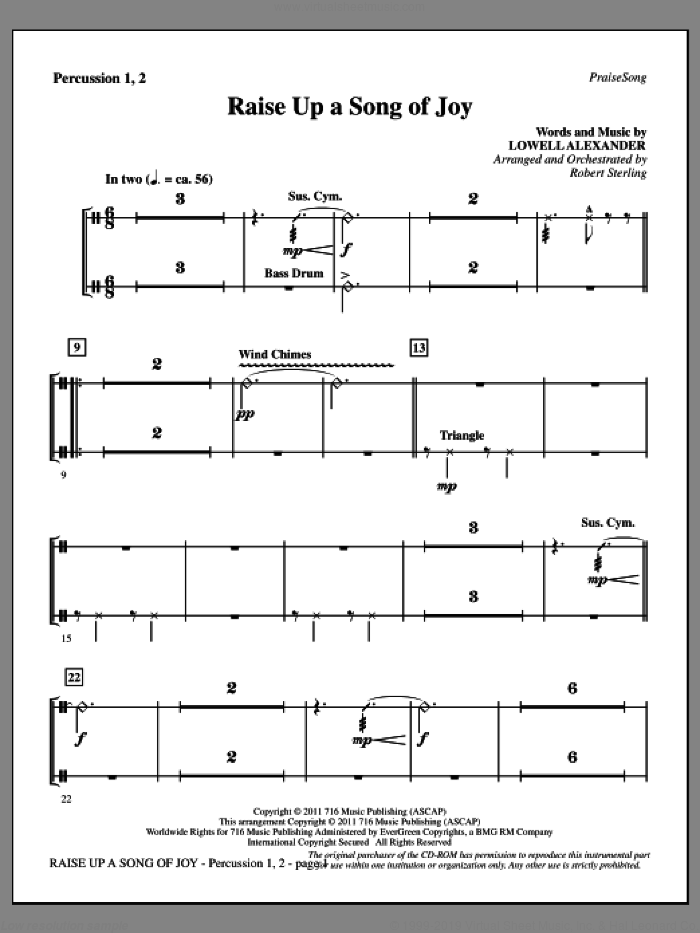 Raise Up A Song Of Joy sheet music for orchestra/band (percussion 1 and 2) by Lowell Alexander and Robert Sterling, intermediate skill level