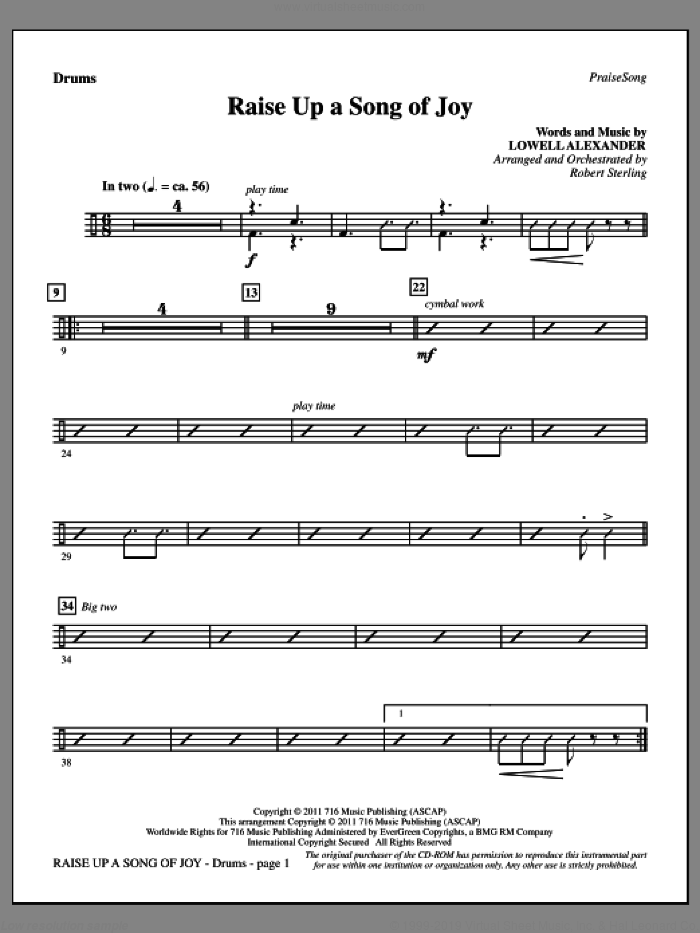 Raise Up A Song Of Joy sheet music for orchestra/band (drums) by Lowell Alexander and Robert Sterling, intermediate skill level
