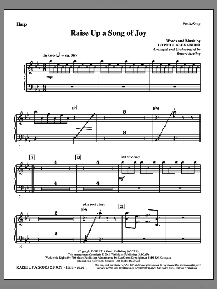 Raise Up A Song Of Joy sheet music for orchestra/band (harp) by Lowell Alexander and Robert Sterling, intermediate skill level