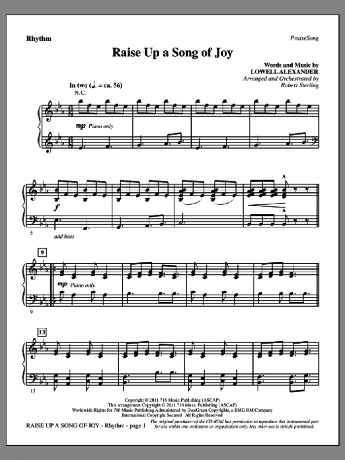 Raise Up A Song Of Joy sheet music for orchestra/band (rhythm) by Lowell Alexander and Robert Sterling, intermediate skill level