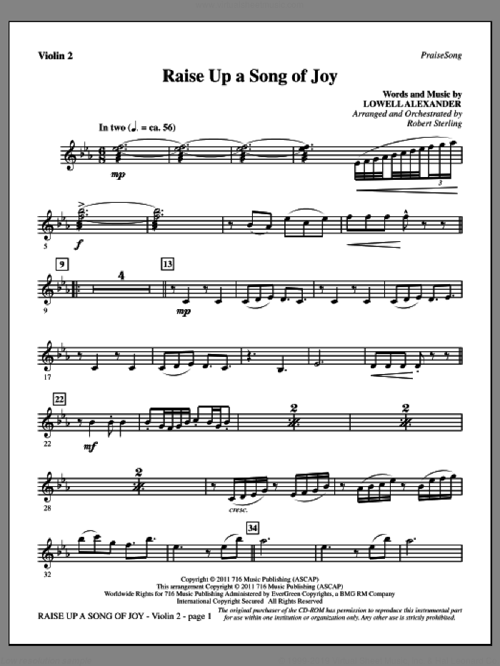 Raise Up A Song Of Joy sheet music for orchestra/band (violin 2) by Lowell Alexander and Robert Sterling, intermediate skill level
