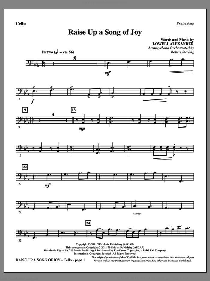Raise Up A Song Of Joy sheet music for orchestra/band (cello) by Lowell Alexander and Robert Sterling, intermediate skill level