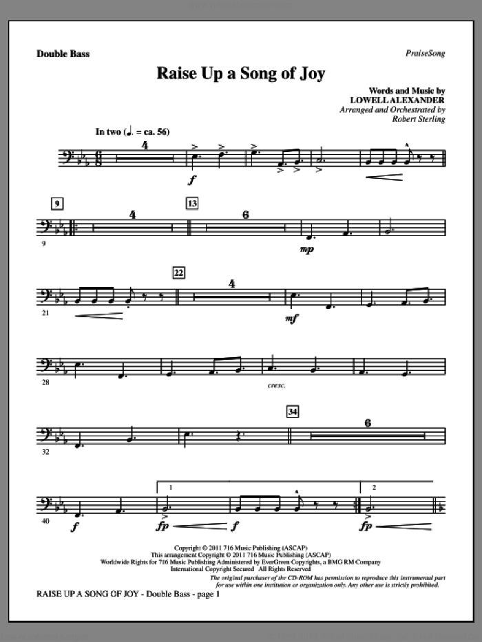 Raise Up A Song Of Joy sheet music for orchestra/band (double bass) by Lowell Alexander and Robert Sterling, intermediate skill level