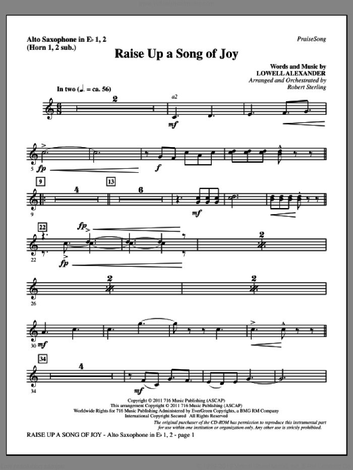 Raise Up A Song Of Joy sheet music for orchestra/band (alto sax 1-2, sub. horn 1-2) by Lowell Alexander and Robert Sterling, intermediate skill level