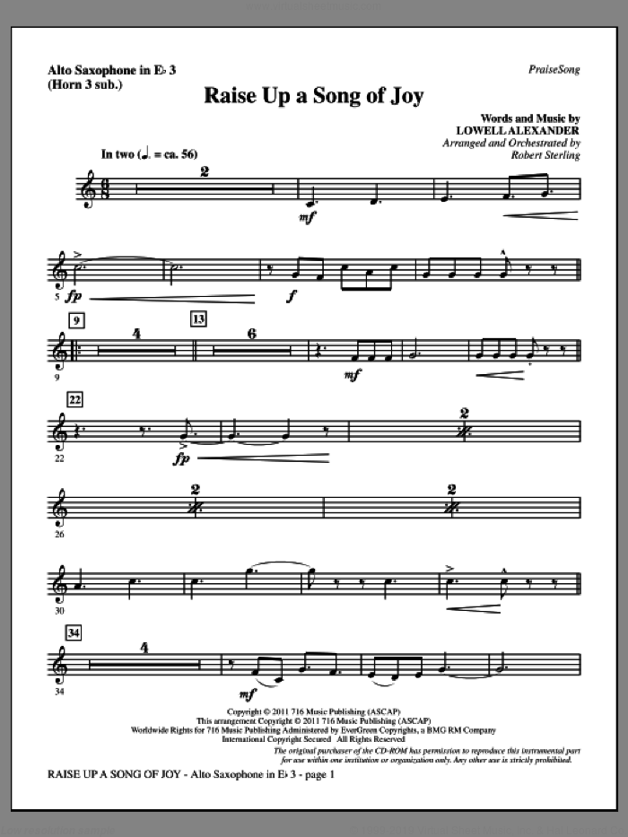 Raise Up A Song Of Joy sheet music for orchestra/band (alto sax 3, sub. horn 3) by Lowell Alexander and Robert Sterling, intermediate skill level
