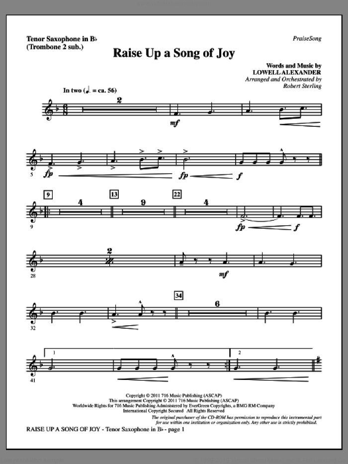 Raise Up A Song Of Joy sheet music for orchestra/band (tenor sax, sub. tbn 2) by Lowell Alexander and Robert Sterling, intermediate skill level