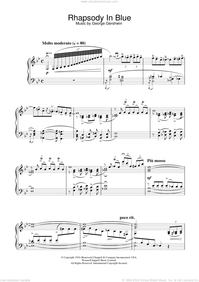 Rhapsody In Blue sheet music for piano solo by George Gershwin, intermediate skill level