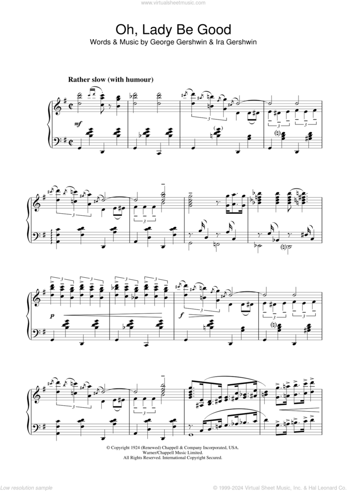 Oh, Lady, Be Good sheet music for piano solo by George Gershwin and Ira Gershwin, intermediate skill level