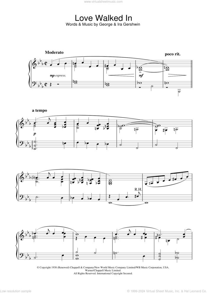 Love Walked In, (intermediate) sheet music for piano solo by George Gershwin, GEORGE and Ira Gershwin, intermediate skill level