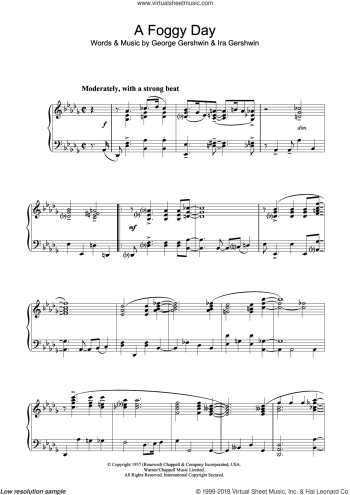 A Foggy Day, (intermediate) sheet music for piano solo by George Gershwin and Ira Gershwin, intermediate skill level