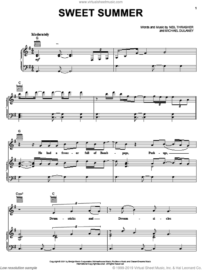 Sweet Summer sheet music for voice, piano or guitar by Diamond Rio, Michael Dulaney and Neil Thrasher, intermediate skill level