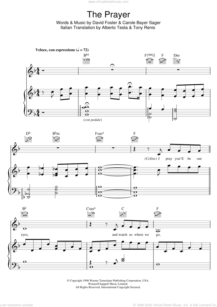 The Prayer sheet music for voice, piano or guitar by David Foster, Andrea Bocelli, Celine Dion, Celine Dion & Andrea Bocelli, Katherine Jenkins, Alberto Testa, Carole Bayer Sager, Carole Bayer Sager Italian Translation by Alberto Testa and Tony Renis, classical score, intermediate skill level