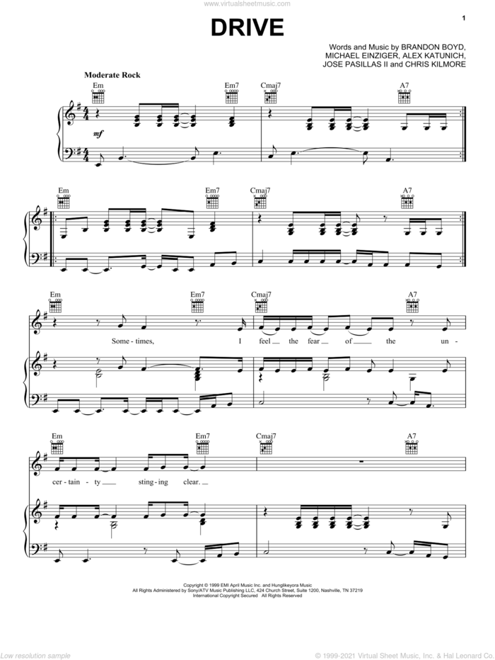 Drive sheet music for voice, piano or guitar by Incubus, Alex Katunich, Brandon Boyd and Michael Einziger, intermediate skill level