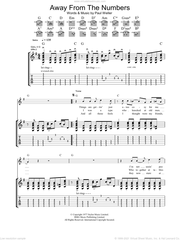 Away From The Numbers sheet music for guitar (tablature) by The Jam and Paul Weller, intermediate skill level