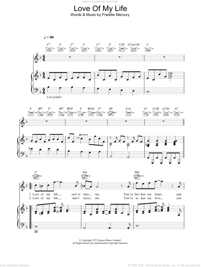 Love Of My Life sheet music for voice, piano or guitar by Queen and Freddie Mercury, intermediate skill level