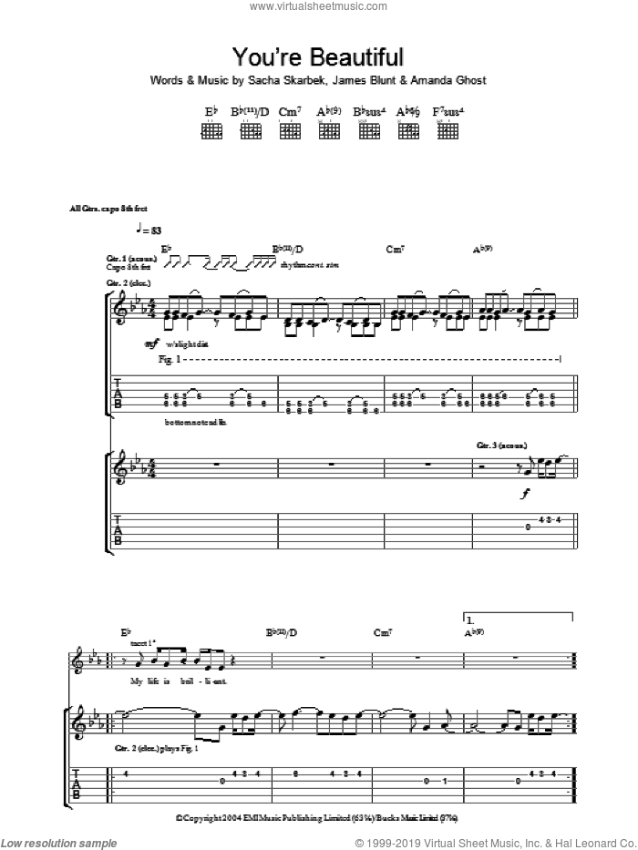 You're Beautiful sheet music for guitar (tablature) by James Blunt, Amanda Ghost and Sacha Skarbek, intermediate skill level