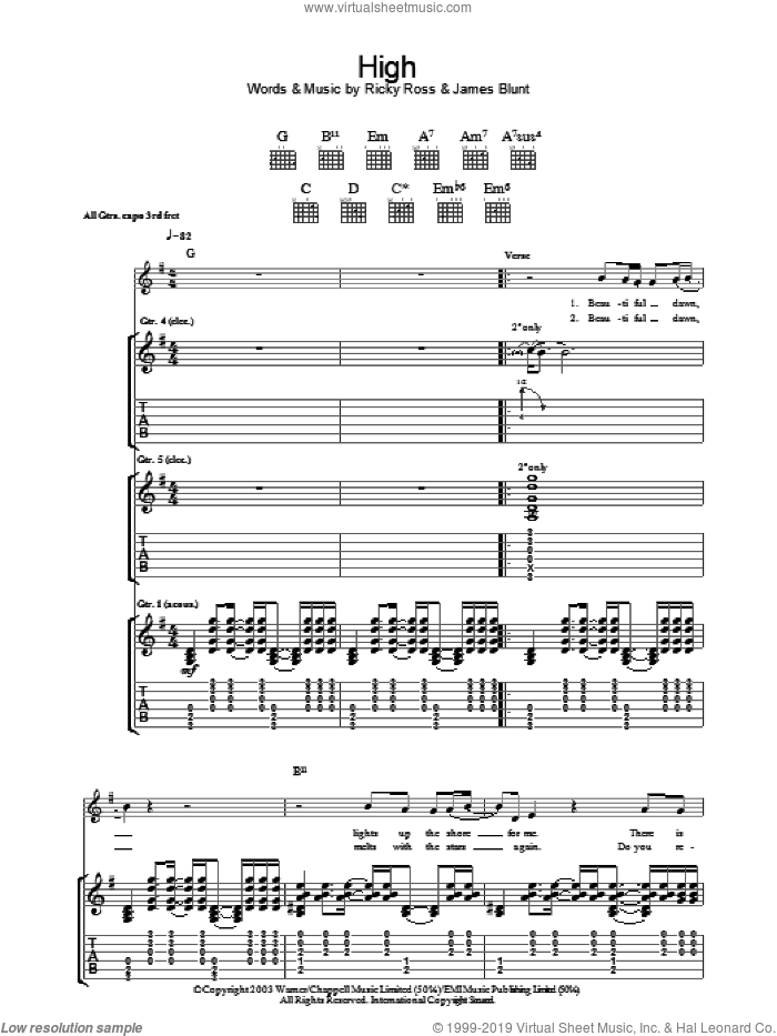 High sheet music for guitar (tablature) by James Blunt and Ricky Ross, intermediate skill level