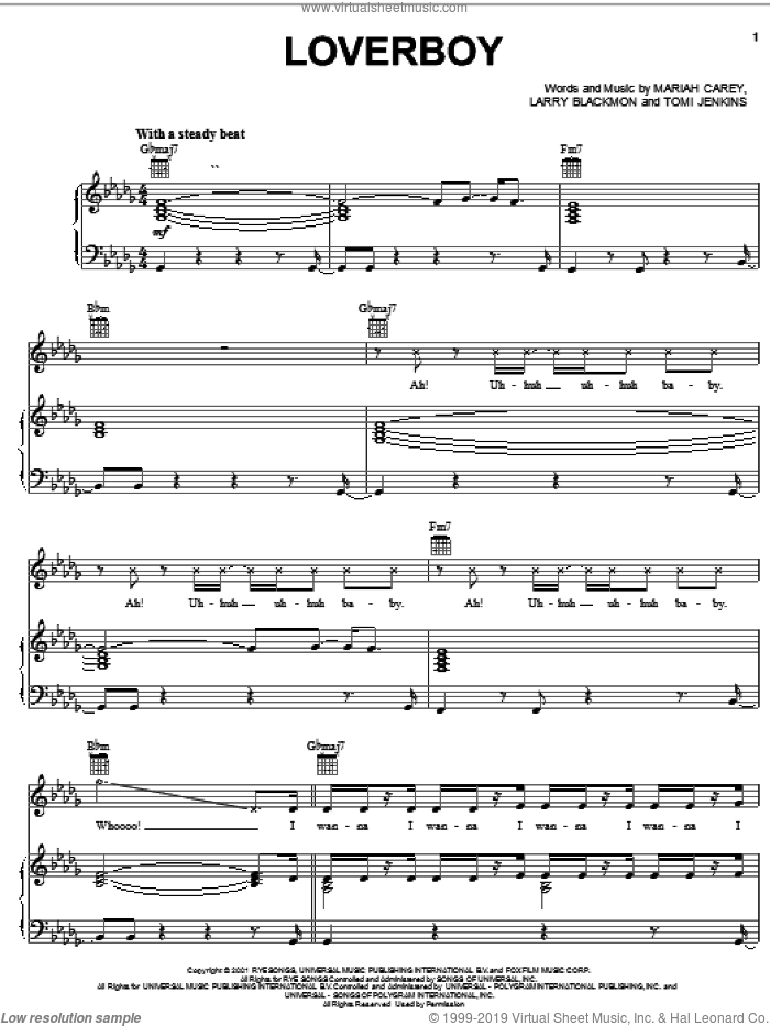 Loverboy sheet music for voice, piano or guitar by Mariah Carey, Cameo, Da Brat, Larry Blackmon and Ludacris, intermediate skill level
