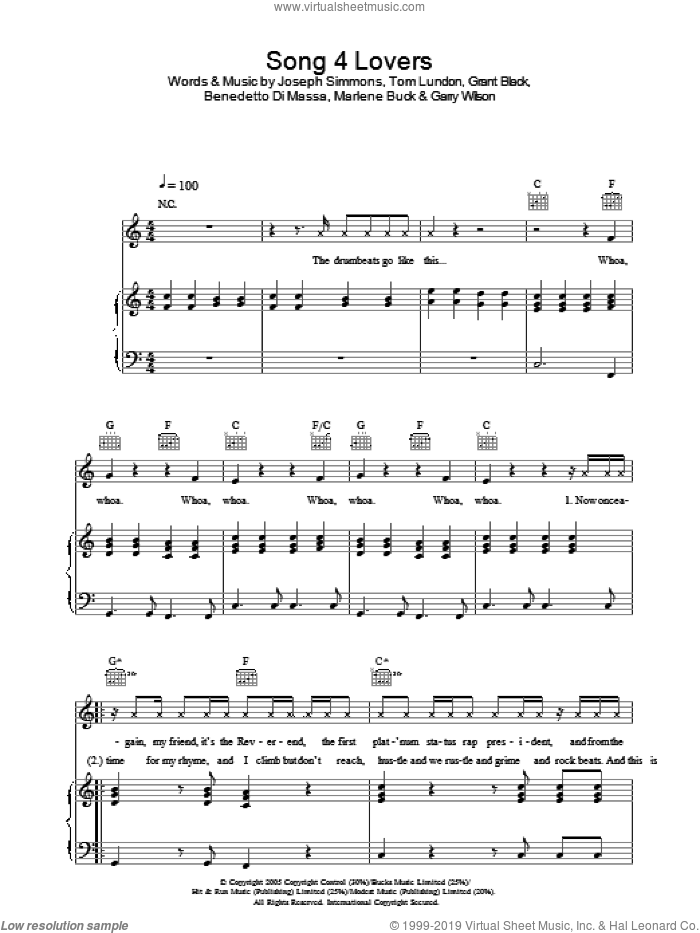 Song 4 Lovers sheet music for voice, piano or guitar by Liberty X, Benedetto Di Massa, Garry Wilson, Grant Black, Joseph Simmons, Marlene Buck and Tom Lundon, intermediate skill level